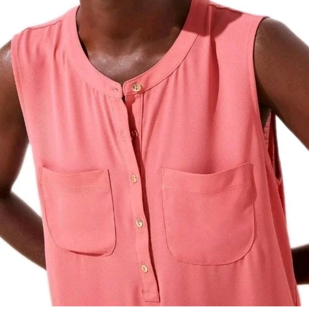Loft Shell Blouse Woman XL Sleeveless Henley Top Coral Chiffon Mixed Media Nwt